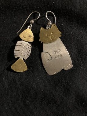Vintage Sterling Silver Cat and Fishbone Mismatched Earrings